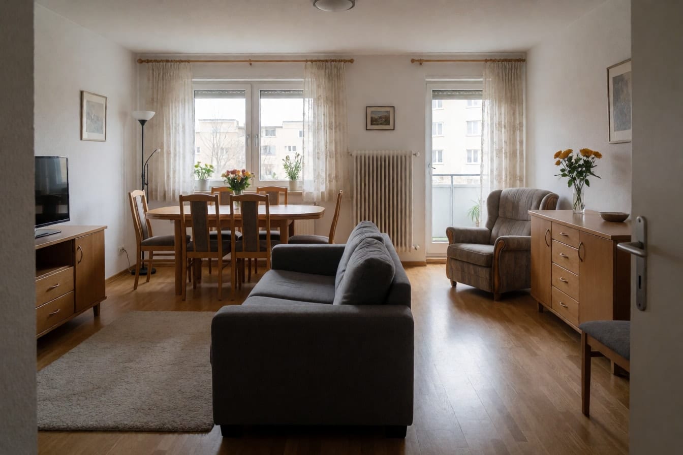 Sufragerie aglomerată, cu canapea de colț gri în mijlocul camerei, masă extensibilă înghesuită la fereastră și un fotoliu în drumul spre balcon
