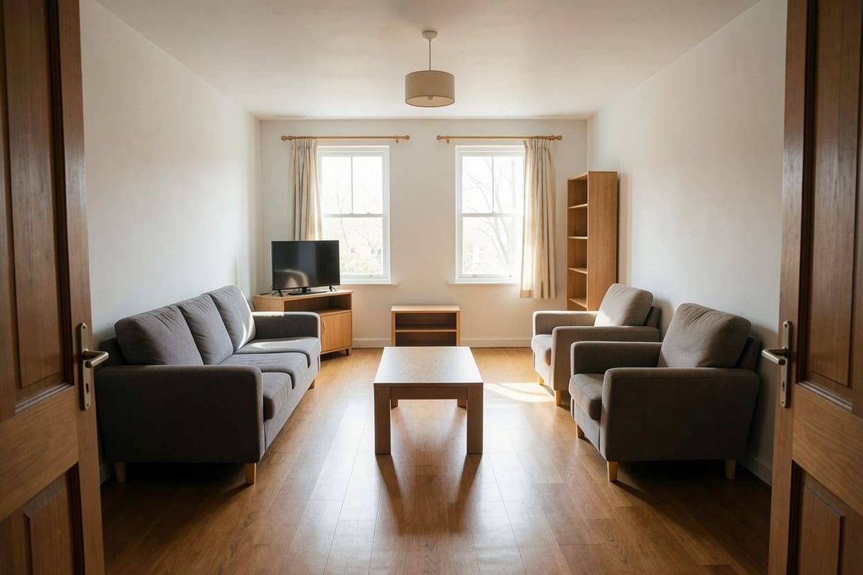 Den samme stua med sofaen og lenestolene samlet rundt salongbordet i en sittegruppe