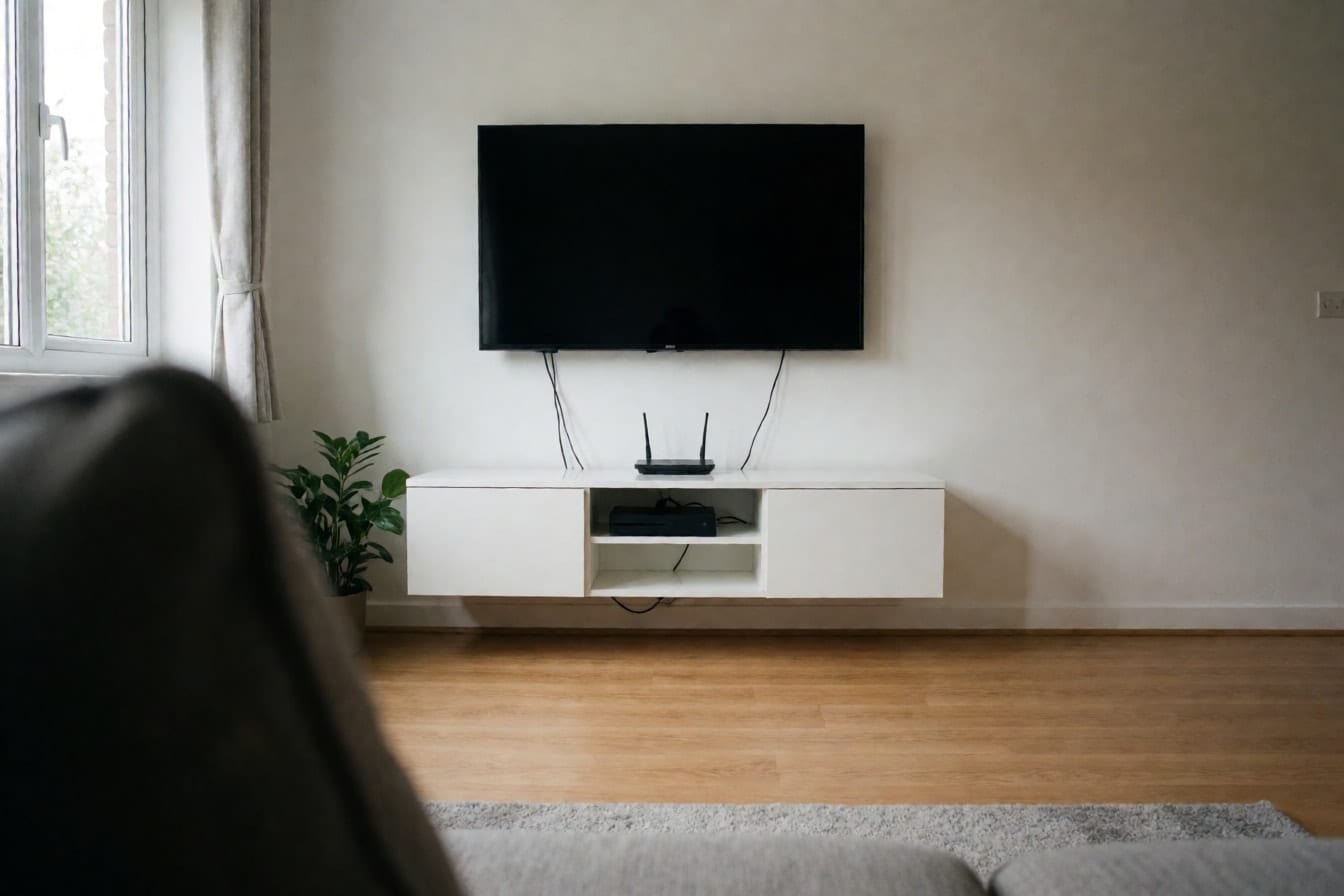 Parede branca com TV desligada e fios aparentes, rack branco suspenso com roteador e videogame e piso de madeira clara