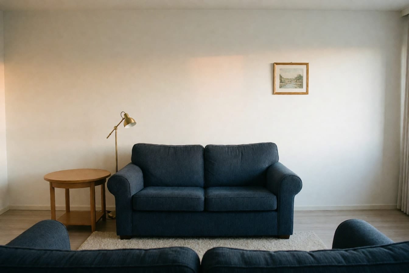 Dunkelblaues Stoffsofa vor einer großen leeren weißen Wand, daneben eine Stehleuchte aus Messing und ein runder Holzbeistelltisch