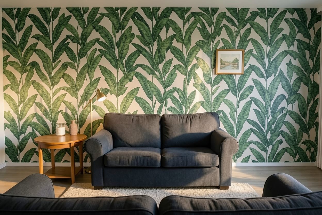 Dieselbe Wand hinter dem blauen Sofa mit grüner Tapete mit Blättermuster, davor Messinglampe und runder Beistelltisch