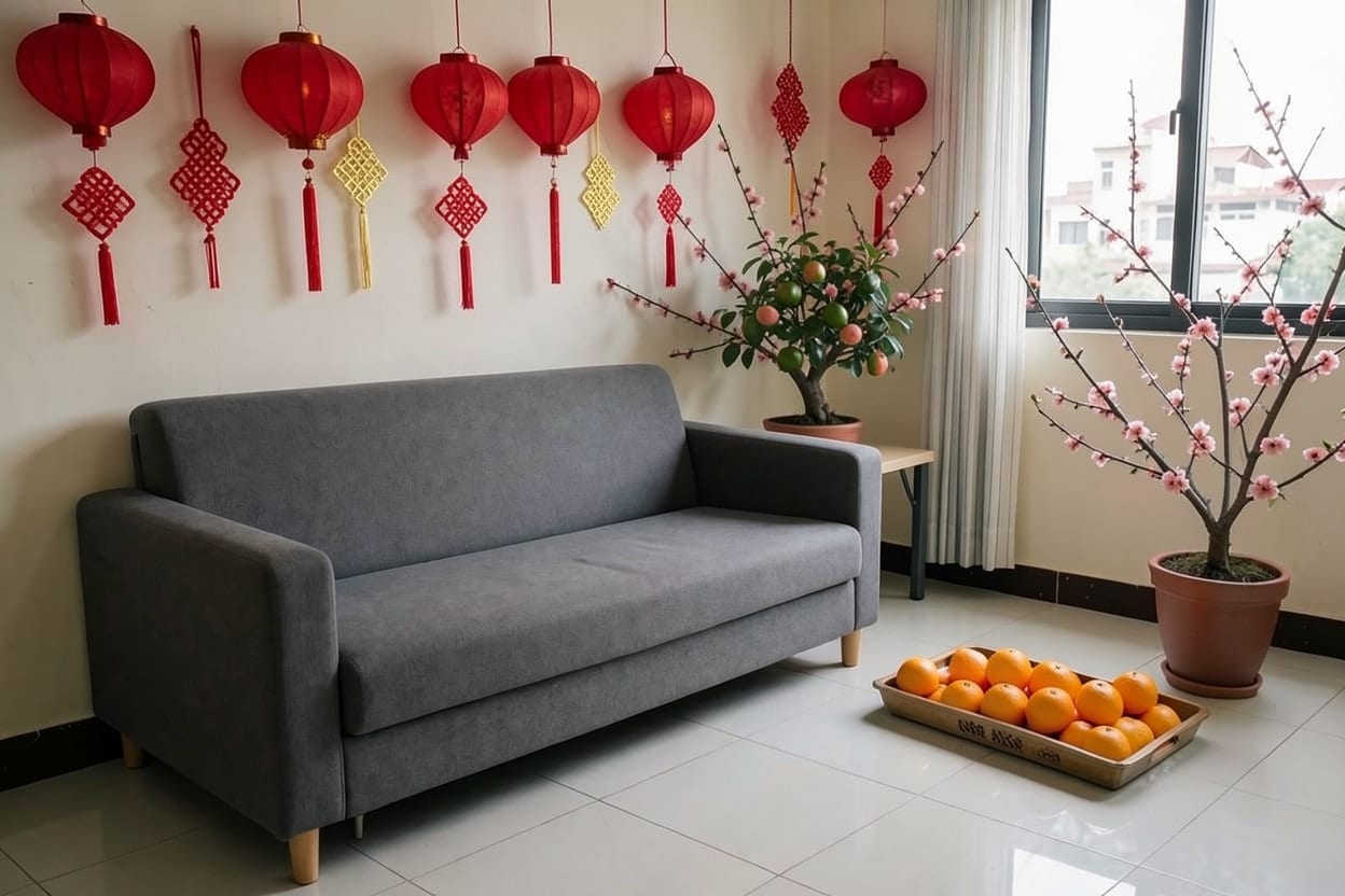 Cùng góc phòng khách sau khi trang trí Tết với hoa xuân, đèn lồng đỏ, chậu quất và điểm nhấn đỏ, sofa xám vẫn ở chỗ cũ