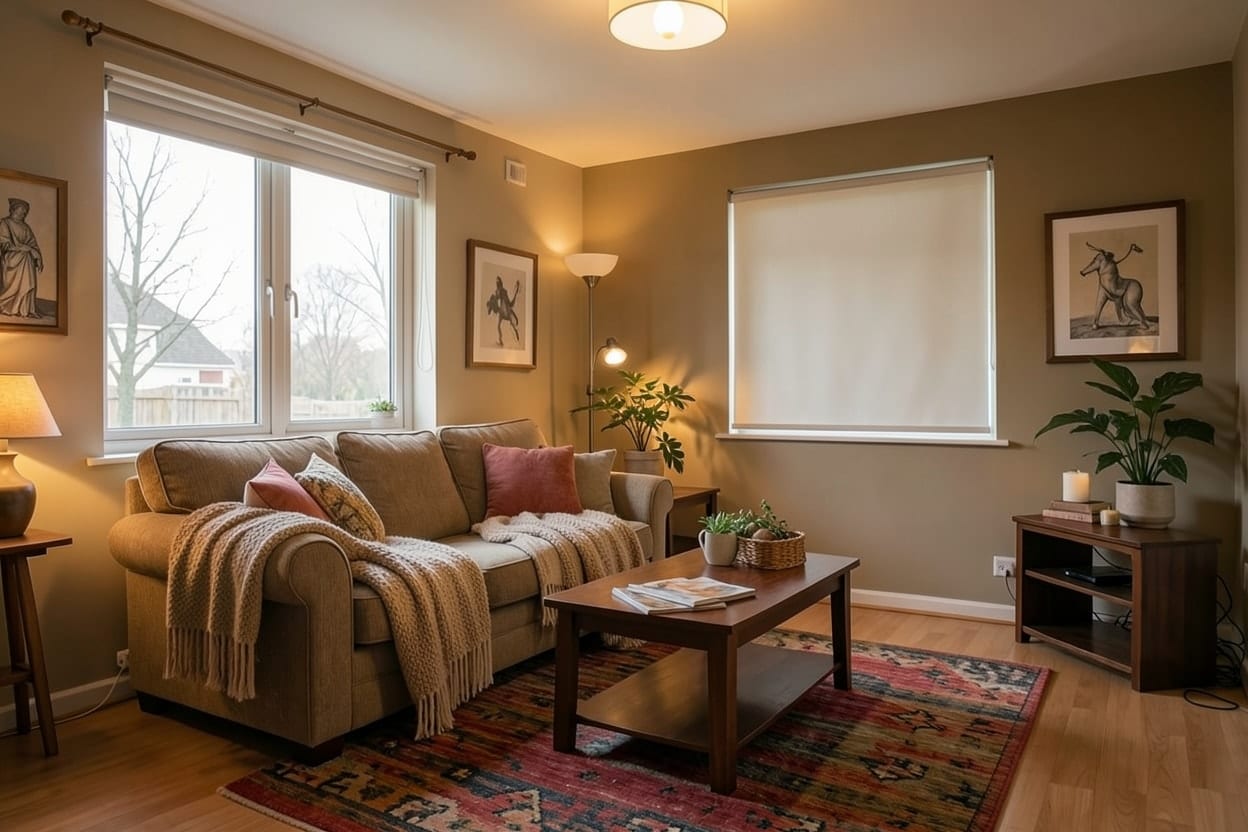 A suburban living room decorated in a cozy style with a knit throw, warm lamps, plants and framed art on the same tan sofa
