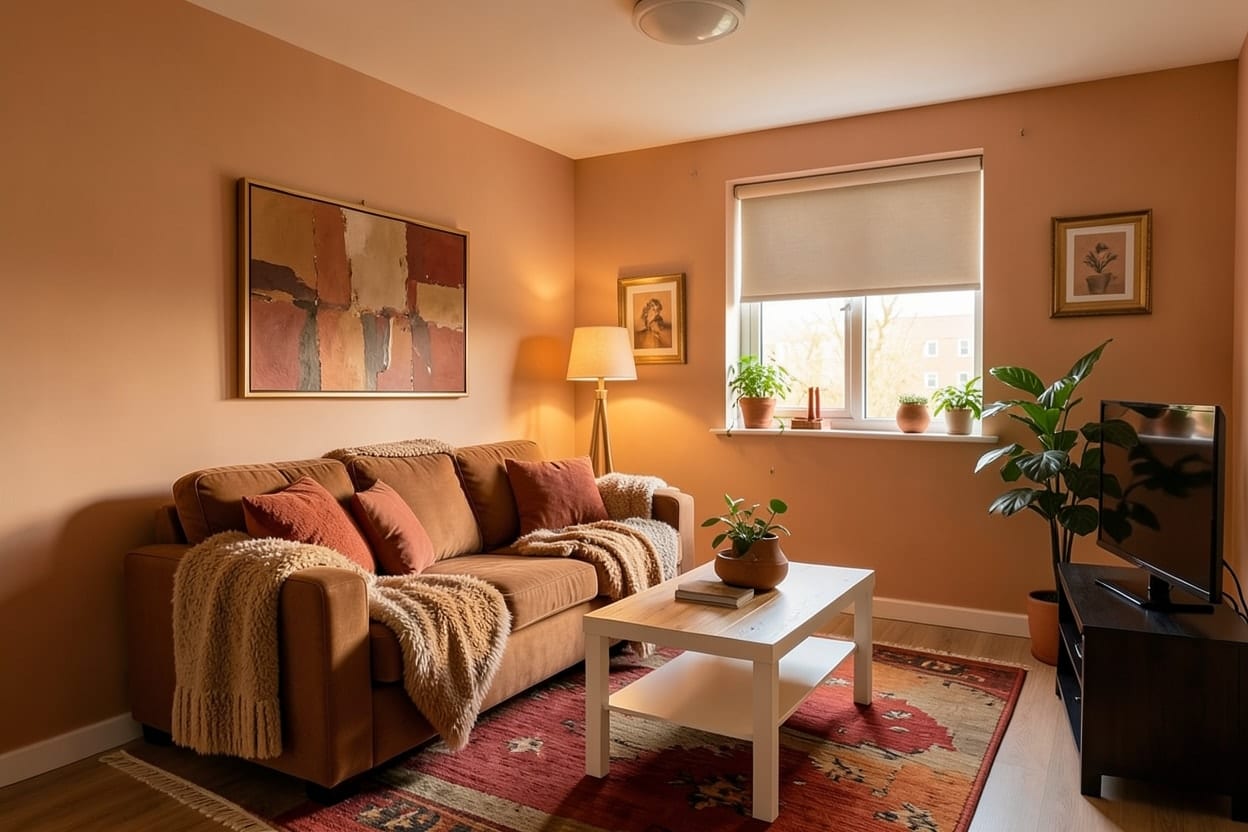 同じリビングに、アースカラーのクッションやラグ、カーテン、照明、観葉植物を加えたデザイン