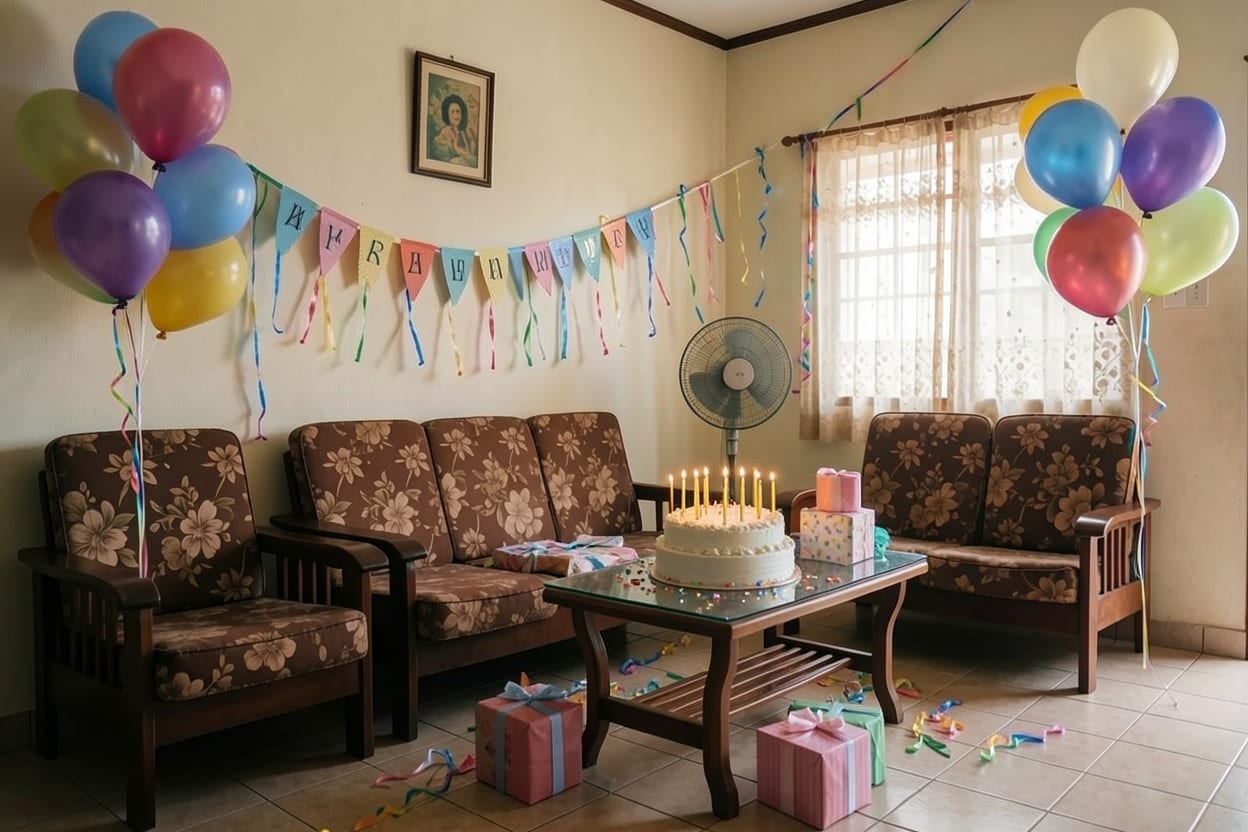 Sala na may kahoy na sofa set, dinekorasyunan para sa kaarawan ng mga lobo, banderitas at mesa ng cake