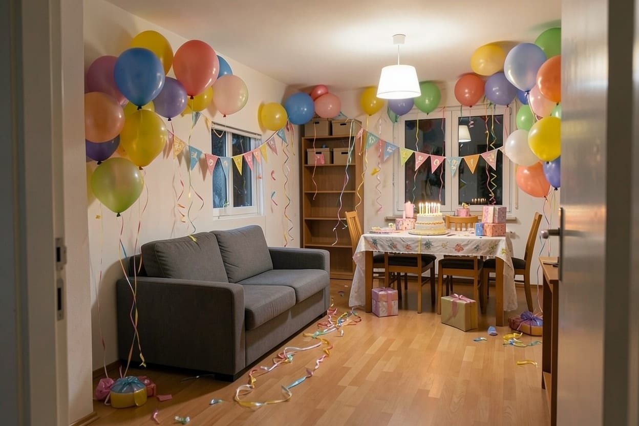 El mismo salón decorado para un cumpleaños, con globos, guirnaldas y la mesa puesta para la tarta