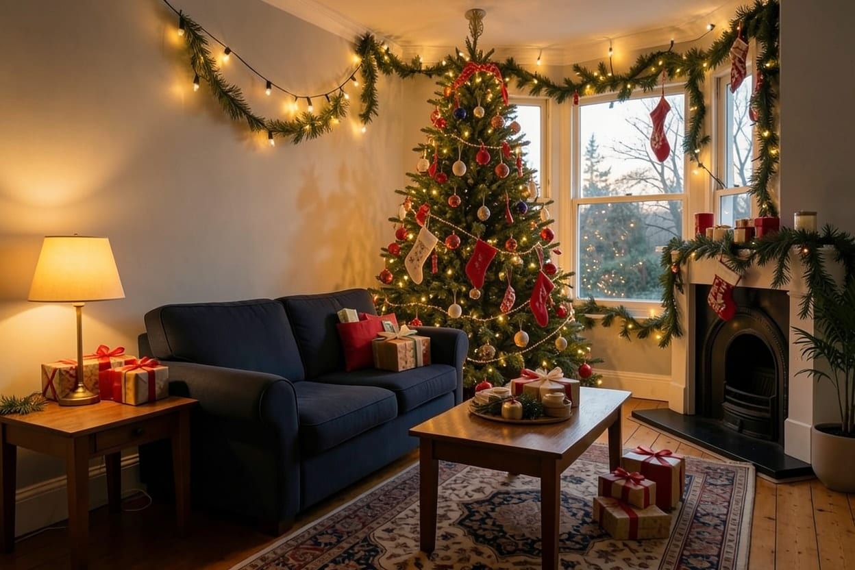 A family living room decorated for Christmas with a tree by the bay window, garlands on the mantel and stockings