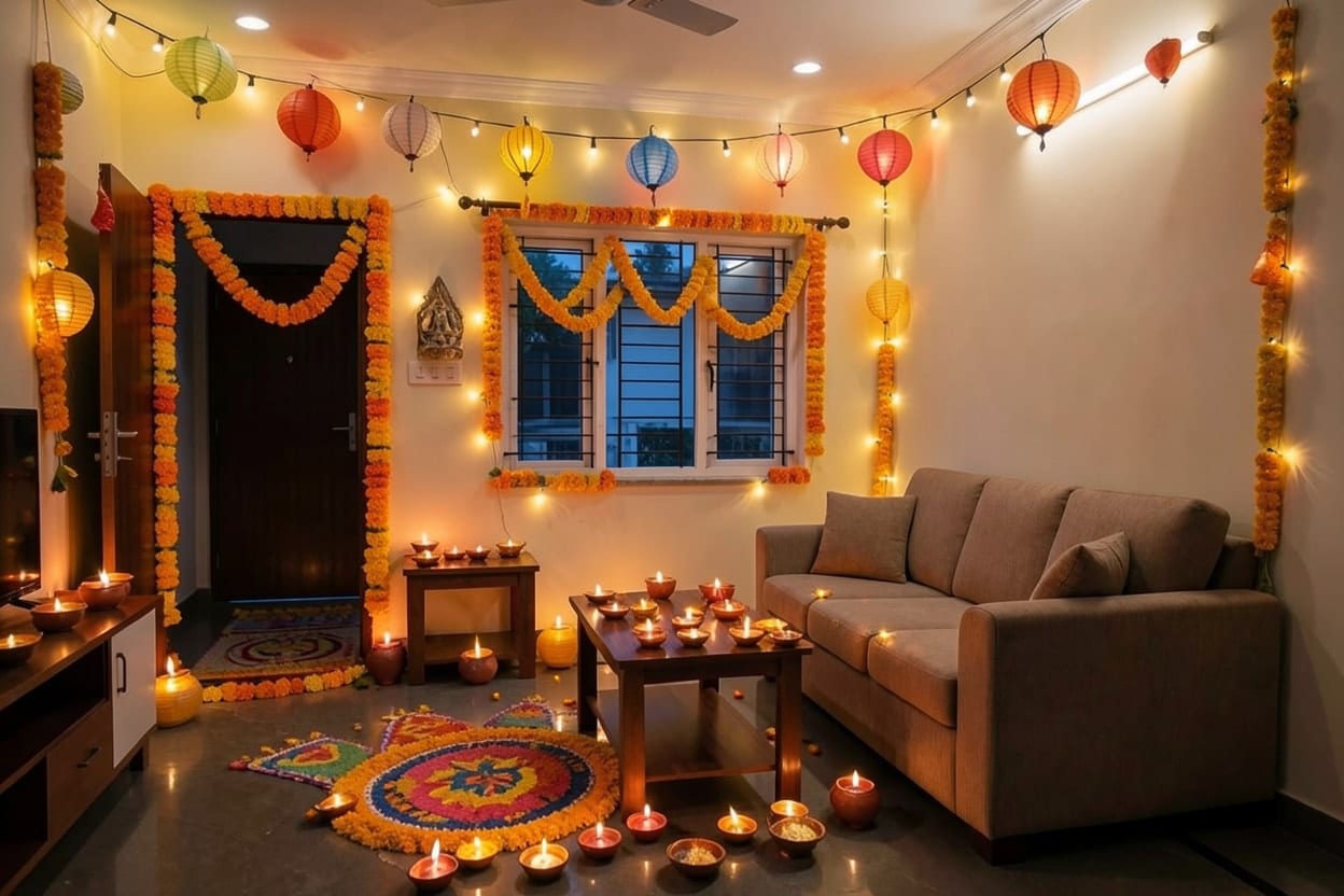 वही लिविंग रूम दिवाली के लिए सजा, दीये, गेंदे की मालाएं, रंगोली और जगमगाती झालरें