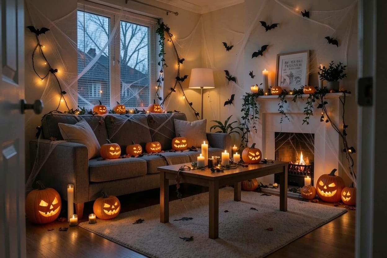 A living room with a grey sofa decorated for Halloween: glowing jack-o'-lanterns on the white mantel, candles, cobwebs and black bats