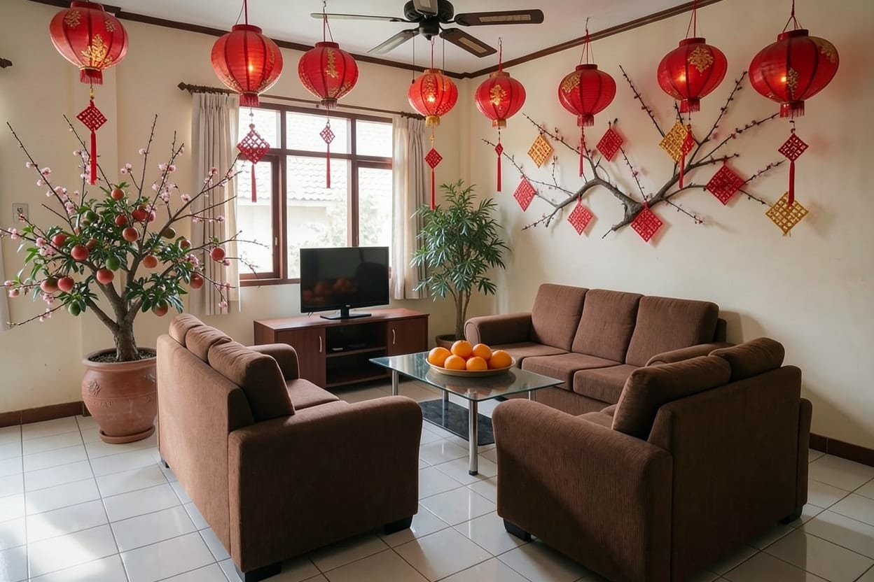 Ruang tamu rumah tapak yang dihias untuk Imlek dengan lampion merah, simpul merah-emas, pohon kumquat, bunga mei hwa dan jeruk