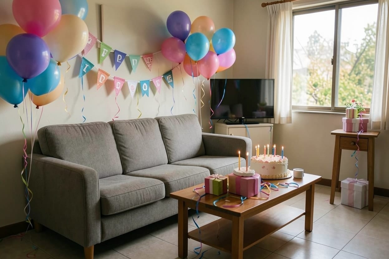 Parehong sala na dinekorasyunan para sa birthday, may mga lobo at banderitas sa dingding at mesa ng cake sa harap ng sofa