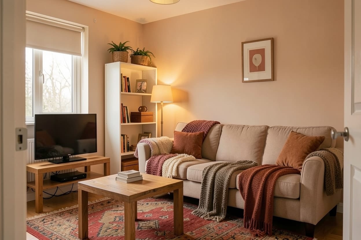 Dasselbe Wohnzimmer in warmen Erdtönen mit Terrakotta- und Ockerkissen, Leinenvorhängen, Wollplaid und warmem Holz, die Möbel an ihrem Platz