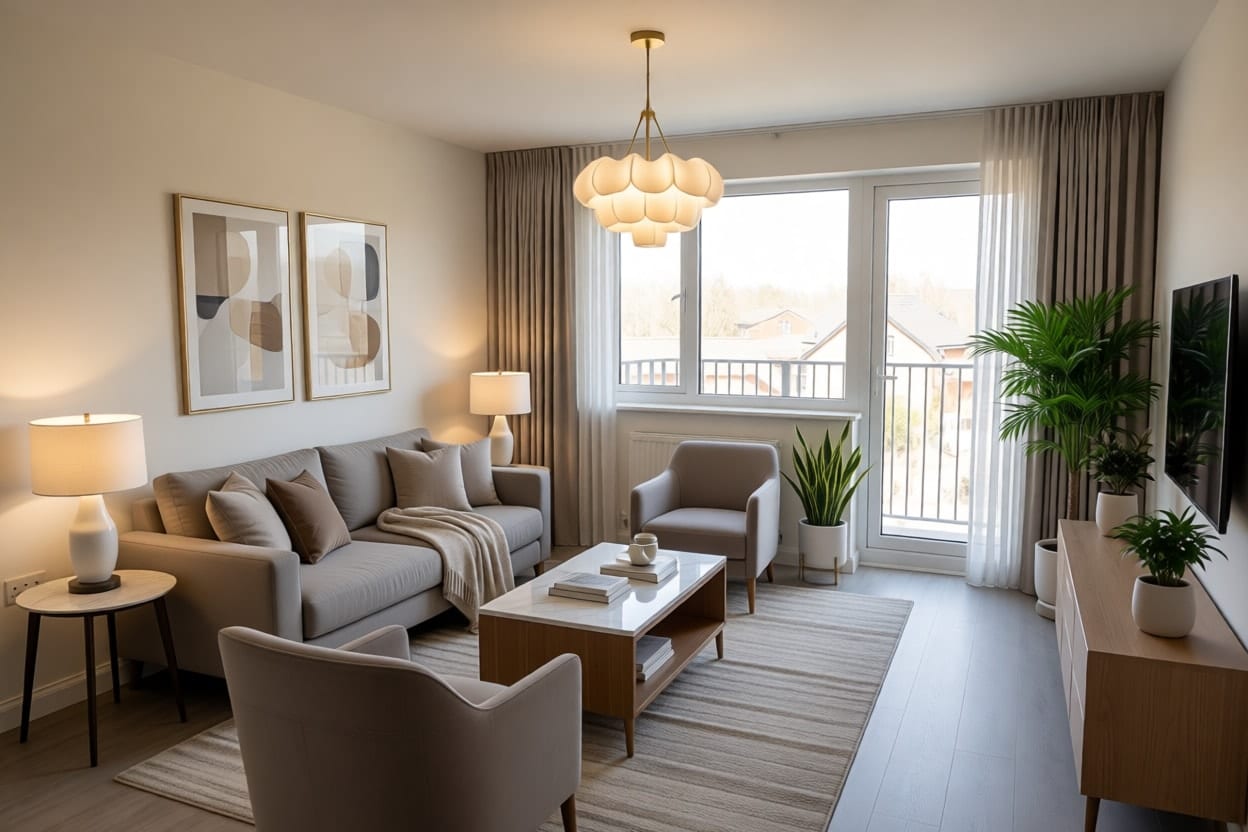 Derselbe Raum im Stil Leiser Luxus eingerichtet, mit hellem Sofa, Wollteppich, bodenlangen Vorhängen und warmen Lampen