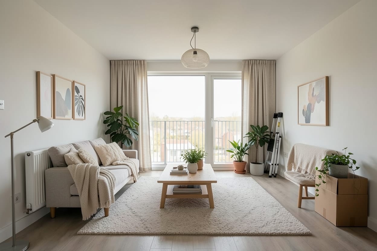 The same new-build living room furnished in Scandinavian style with a sofa, a rug, shelving and lamps