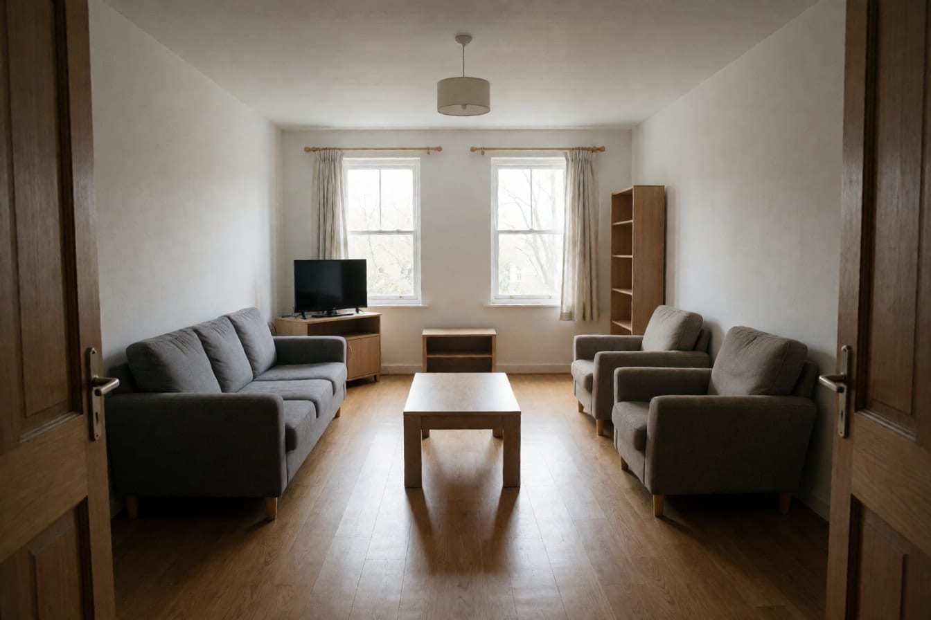 En stue der grå sofa og to lenestoler står langs hver sin vegg og salongbordet står alene midt på gulvet
