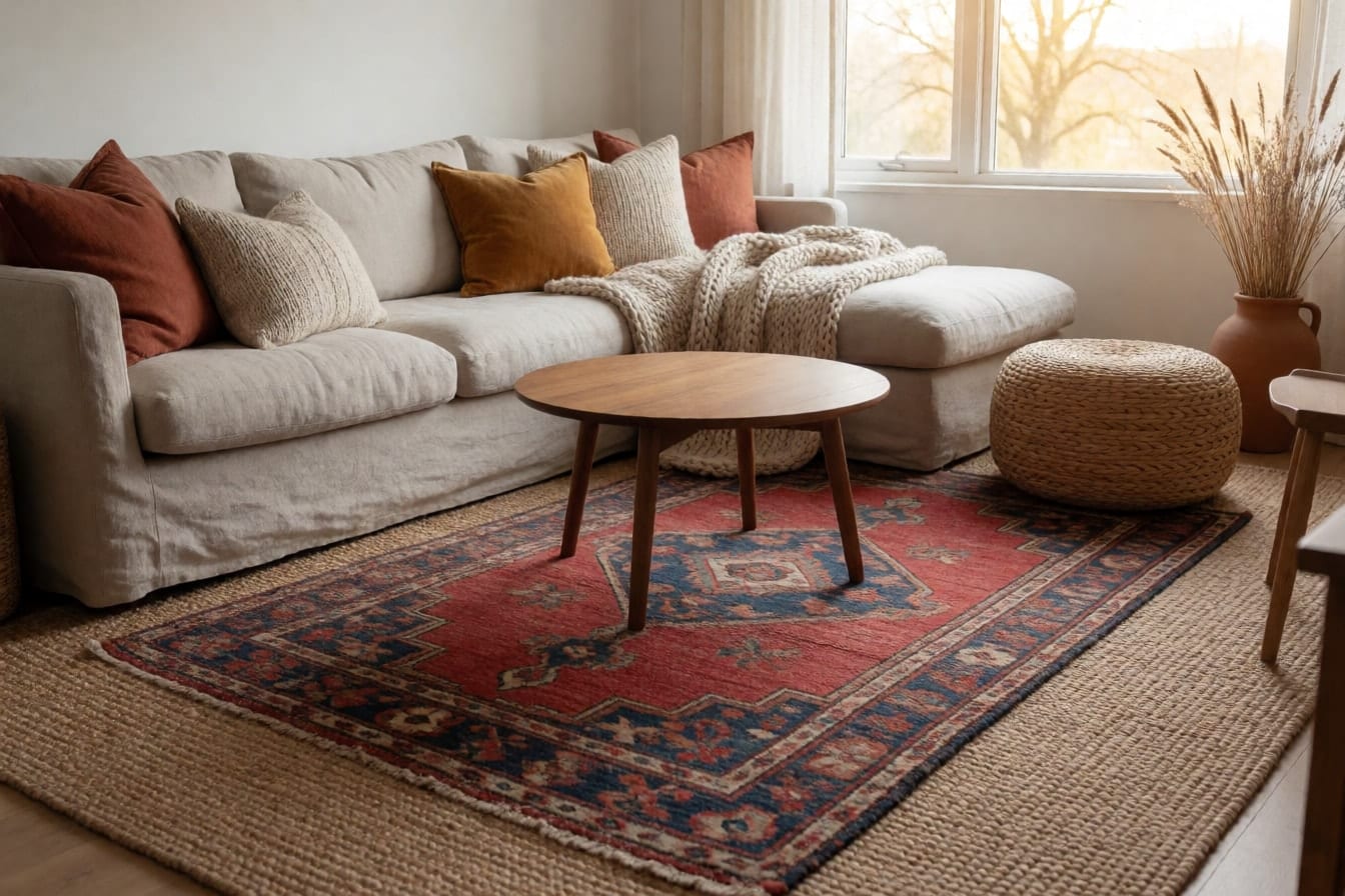 Sala com tapete de juta e tapete estampado sobrepostos, sofá baixo com almofadas ferrugem, mostarda e cru, manta de tricô e puff de rattan