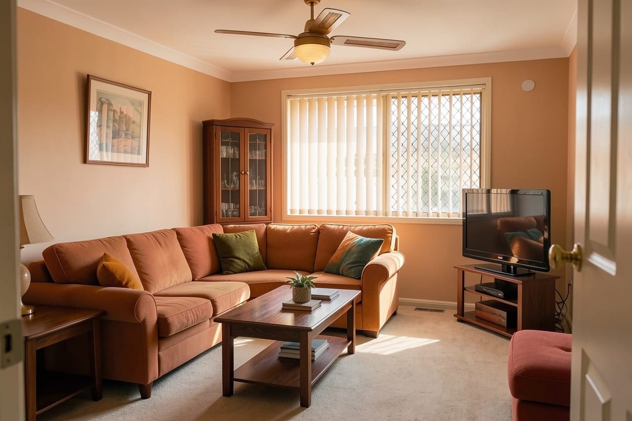 El mismo salón en estilo mid-century con tonos tierra, con el sofá y los muebles en los mismos sitios