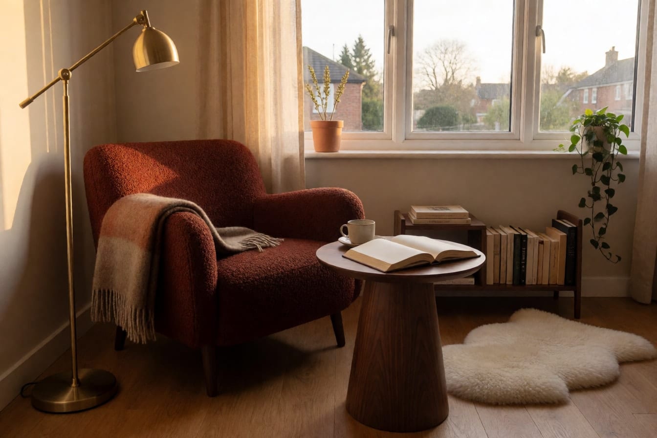 Leseecke am Fenster mit rostrotem Bouclé-Sessel, Wolldecke, Messing-Stehleuchte, kleinem Nussbaumtisch mit Tasse und niedrigem Bücherregal