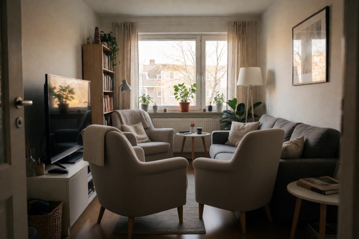 Dieselben Möbel neu angeordnet, Sofa und Sessel einander zugewandt um einen Teppich in der Raummitte