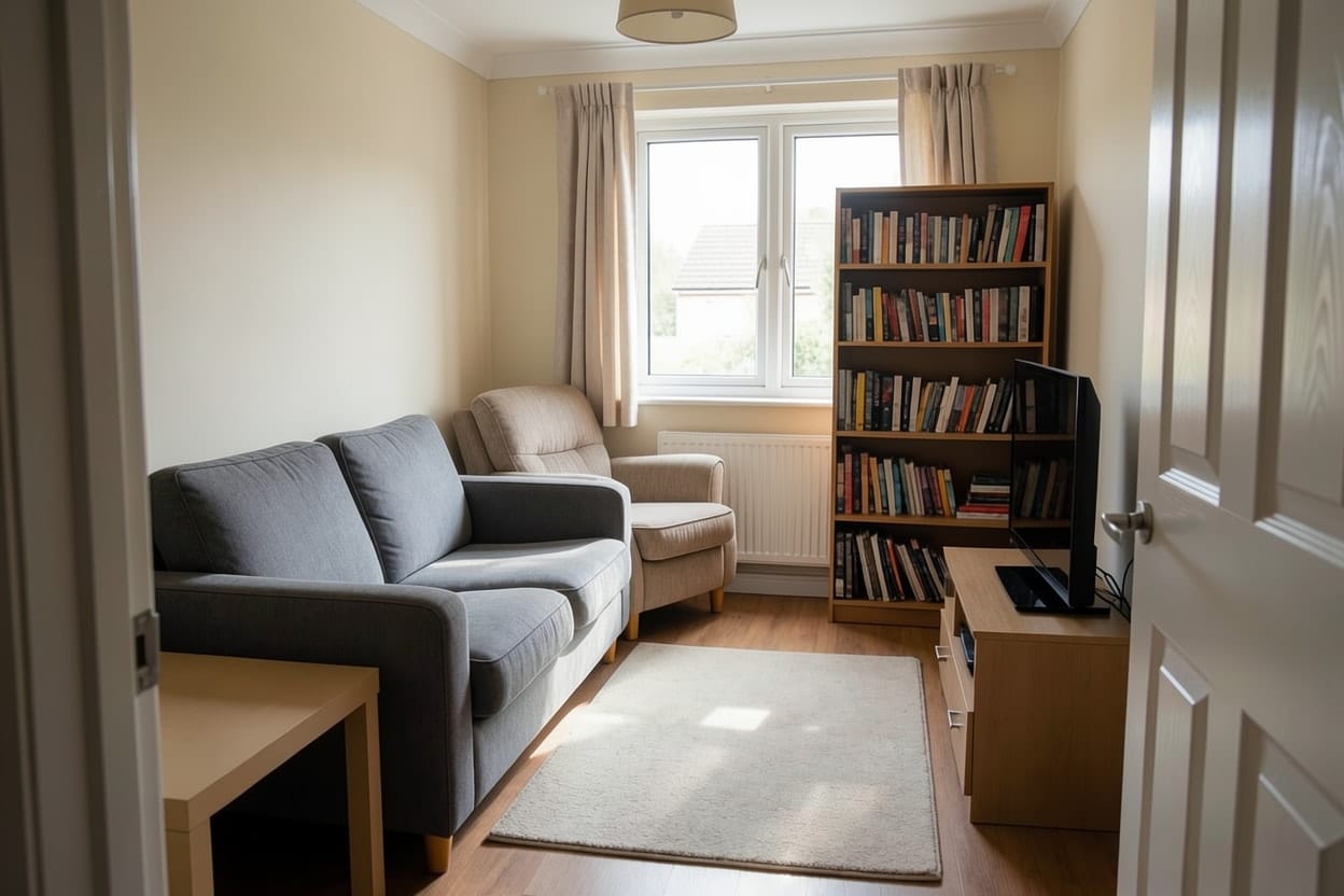 The same living room with the sofa and armchair facing each other around the coffee table and the window clear