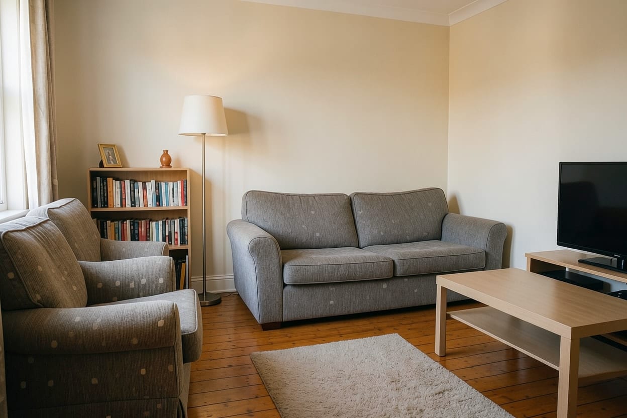 The same living room with the sofa and armchair moved to face each other around the coffee table
