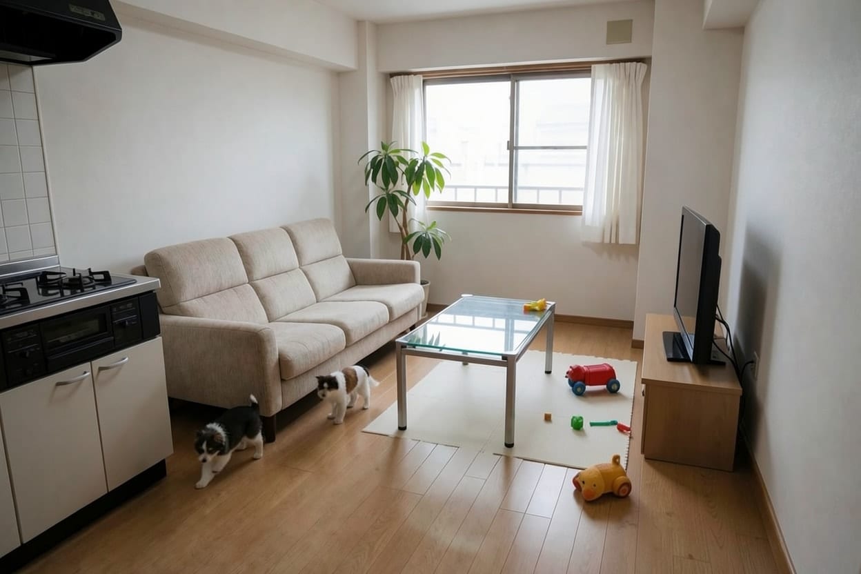 ローテーブルを遊び場から離し、プレイマットを広げられる床を作ったリビング