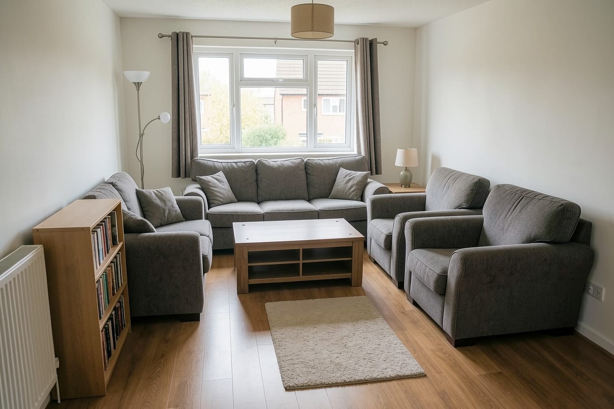Dezelfde woonkamer met dezelfde meubels, zo neergezet dat het midden van de kamer vrij is