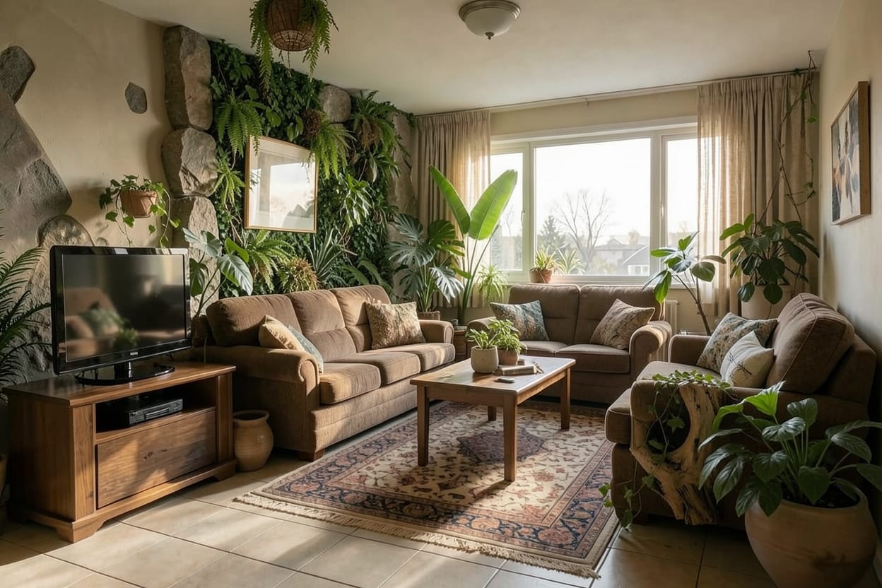 El mismo salón rediseñado en estilo biofílico, con madera clara, lino, plantas grandes y mucha luz natural