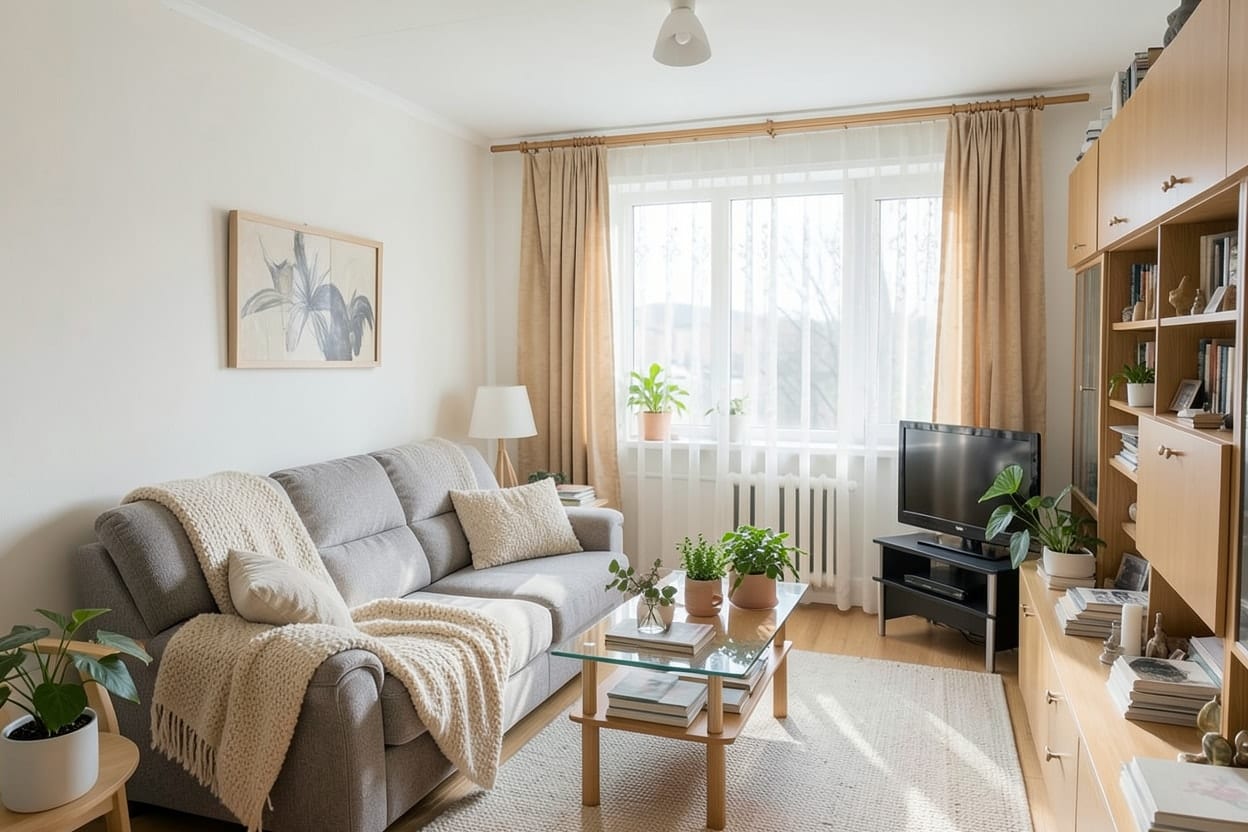 Ten sam salon w stylu skandynawskim: jasna sofa, drewno w naturalnym kolorze, lekki regał i biel, te same ściany i okno