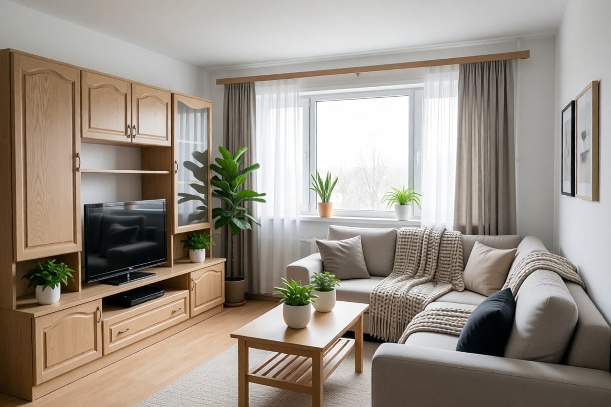 Un salon repensé en style scandinave avec bois clair, textiles pâles, un grand tapis et des surfaces dégagées