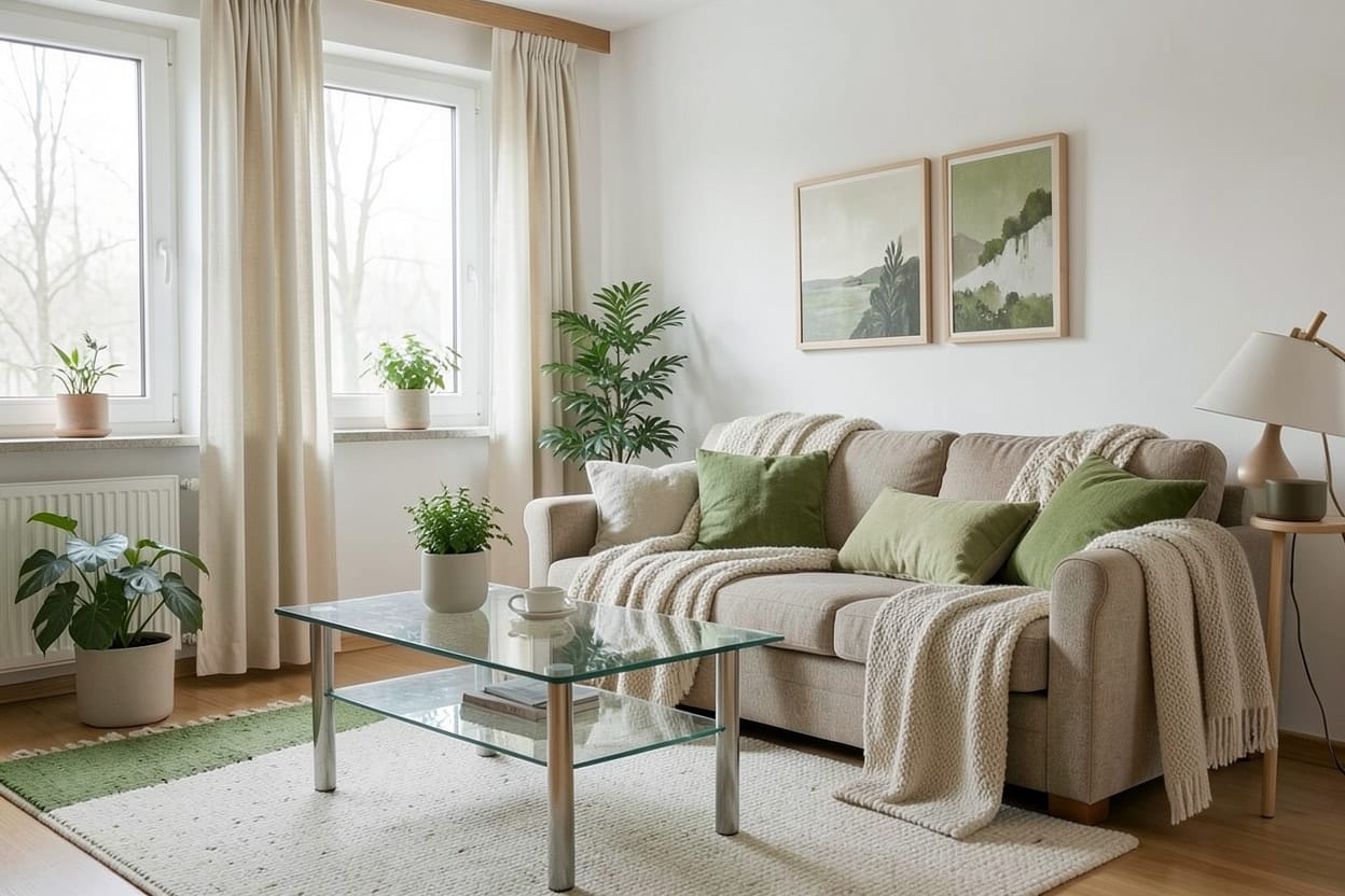 Helles Wohnzimmer mit grünen Kissen, Pflanzen und hellerer Wand, im Frühling aufgefrischt