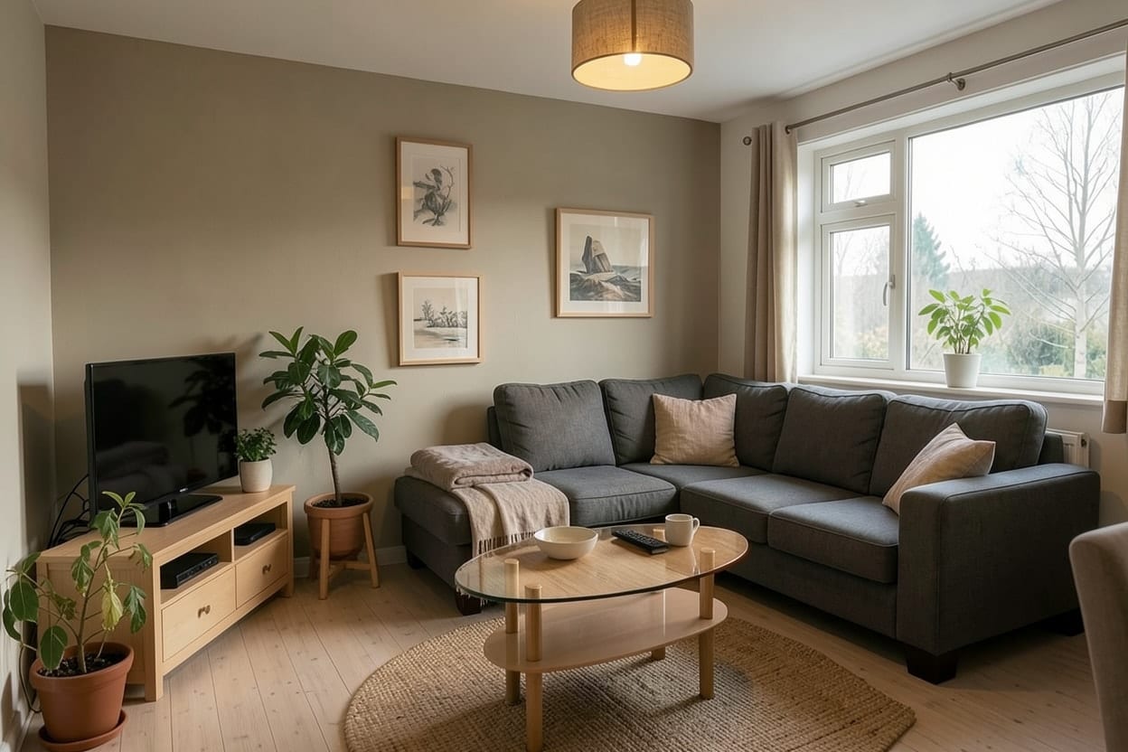 A family living room restyled by AI in Japandi style, with the same corner sofa, oak tones, linen cushions and a calm, uncluttered look