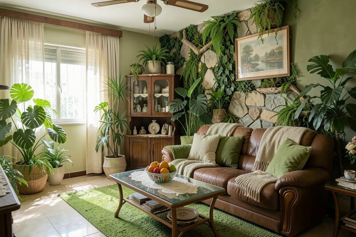 A mesma sala antiga redecorada com muitas plantas, cestos de fibra natural e tons de verde fresco
