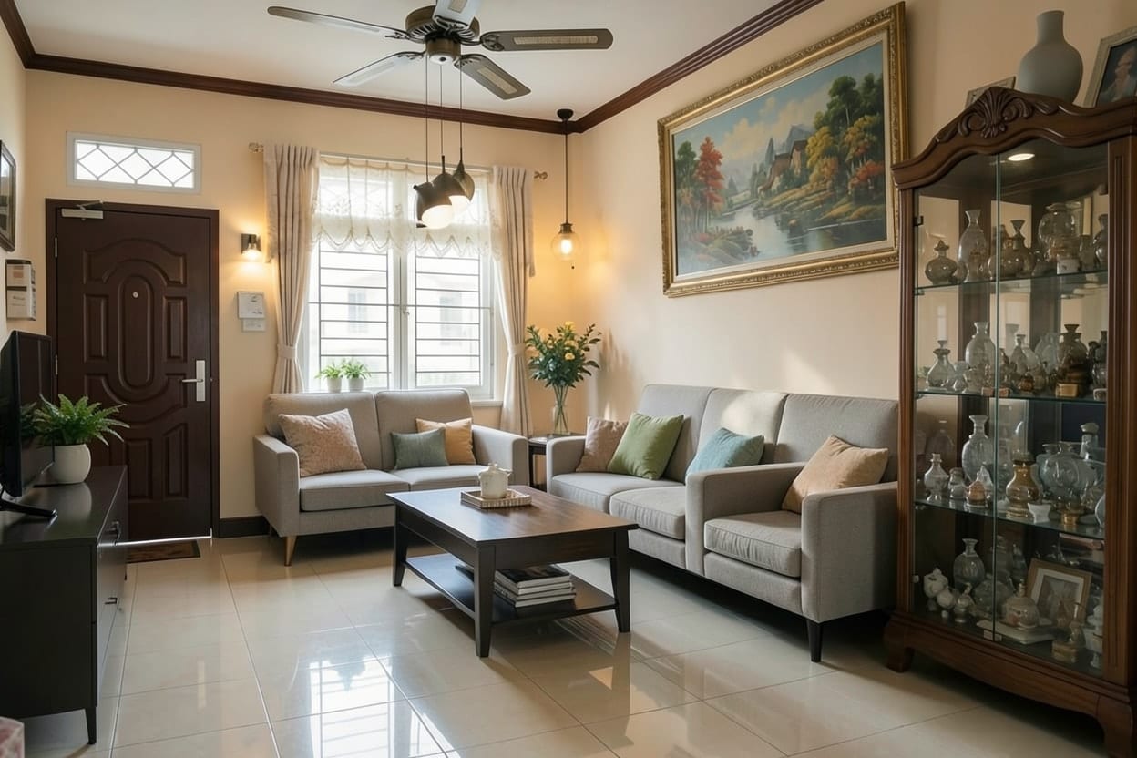 Ruang tamu yang sama dalam gaya modern minimalis dengan sofa rendah, dinding terang, lemari tertutup, serta jendela dan pintu di posisi semula