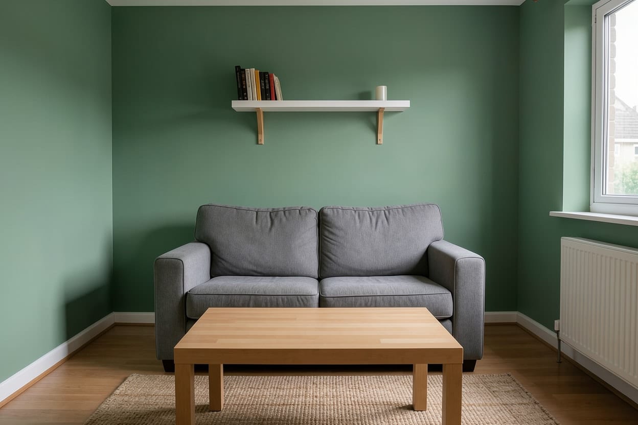 Dasselbe Wohnzimmer mit salbeigrün gestrichenen Wänden, grauem Sofa, Juteteppich und hellem Laminat