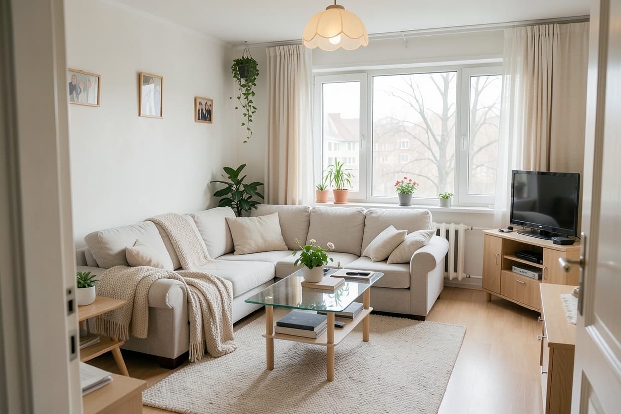 Een gezinswoonkamer na het ontwerp in Scandinavische stijl: lichte bank op dezelfde plek, witte muren, licht hout en linnen gordijnen