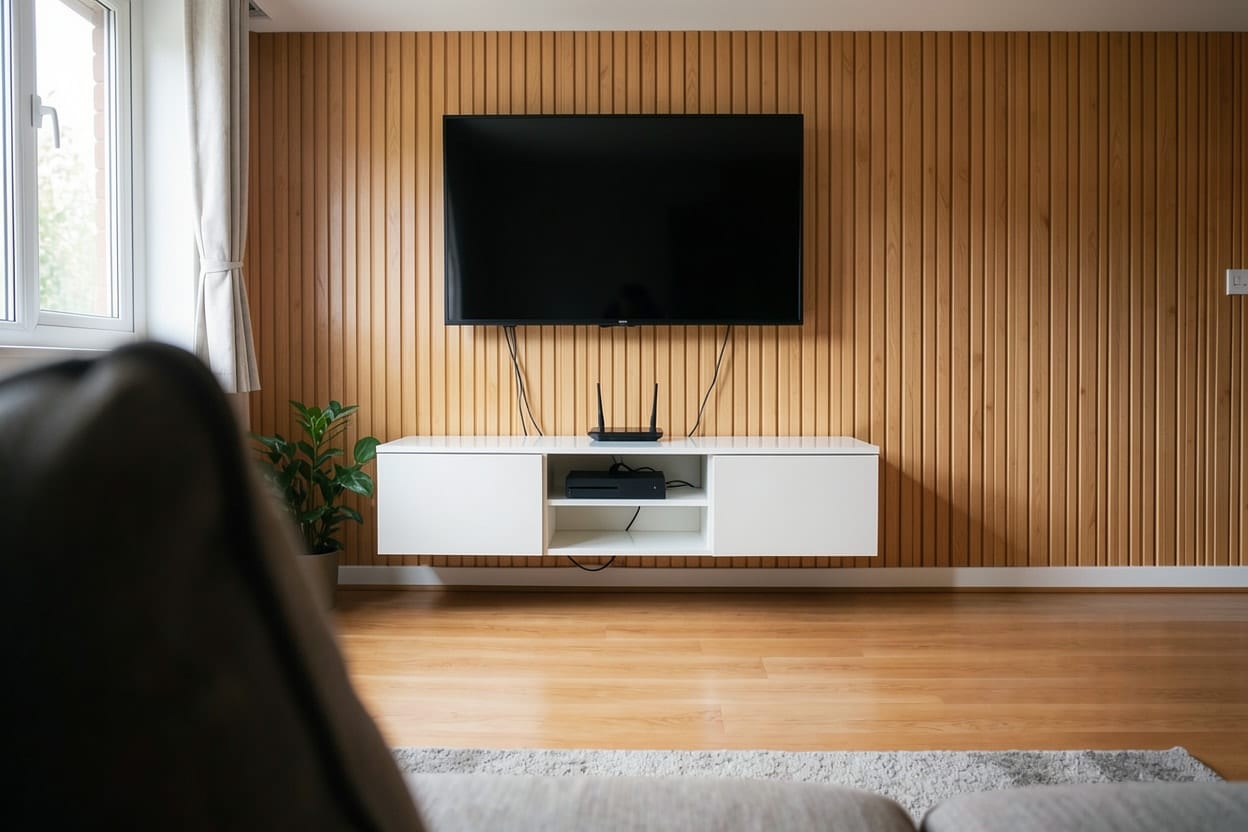 A mesma parede da TV revestida com painel ripado de madeira na vertical, com o rack e a TV no mesmo lugar