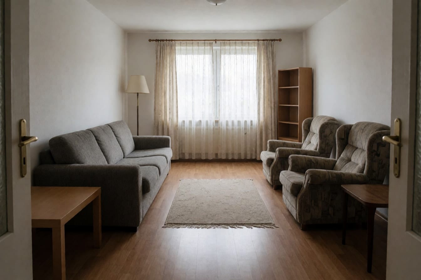 Living cu canapea gri lipită de perete, două fotolii diferite pe peretele opus, un covor mic în mijloc și o măsuță de lemn într-o parte