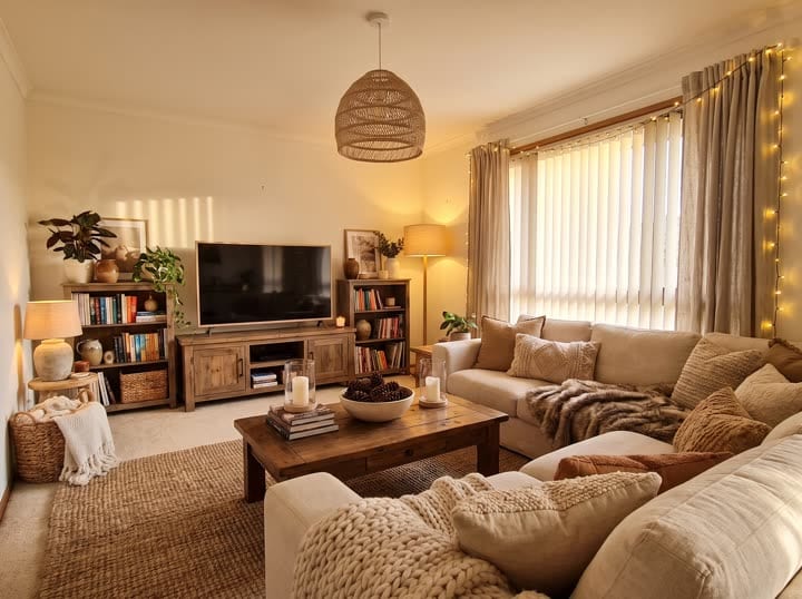 A cozy living room with a corner sofa facing the TV between two bookcases