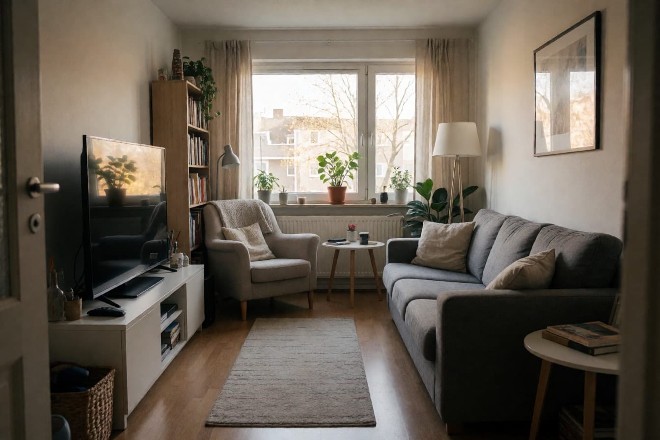 Wohnzimmer mit grauem Sofa an der Wand gegenüber dem Fernseher, Sessel in der Ecke und leerer Raummitte