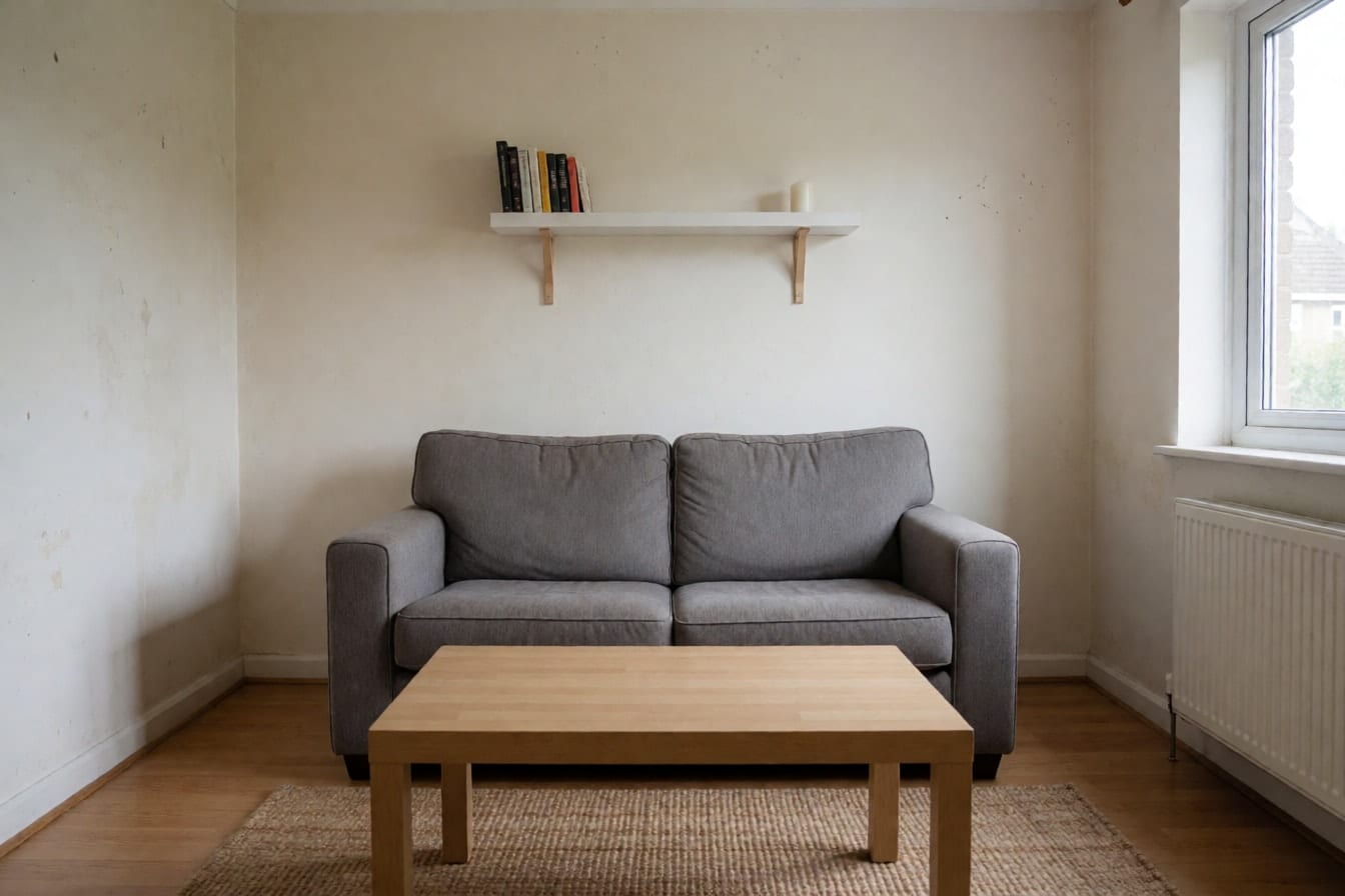 Wohnzimmer mit abgewohnten weißen Wänden, grauem Stoffsofa, hellem Holzcouchtisch, Juteteppich, Laminatboden und weißem Heizkörper unter dem Fenster
