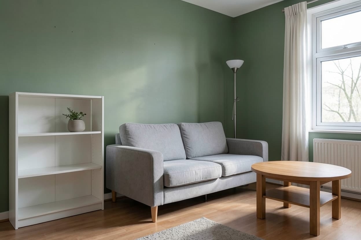 Lo stesso soggiorno con le pareti verde salvia e gli stessi mobili