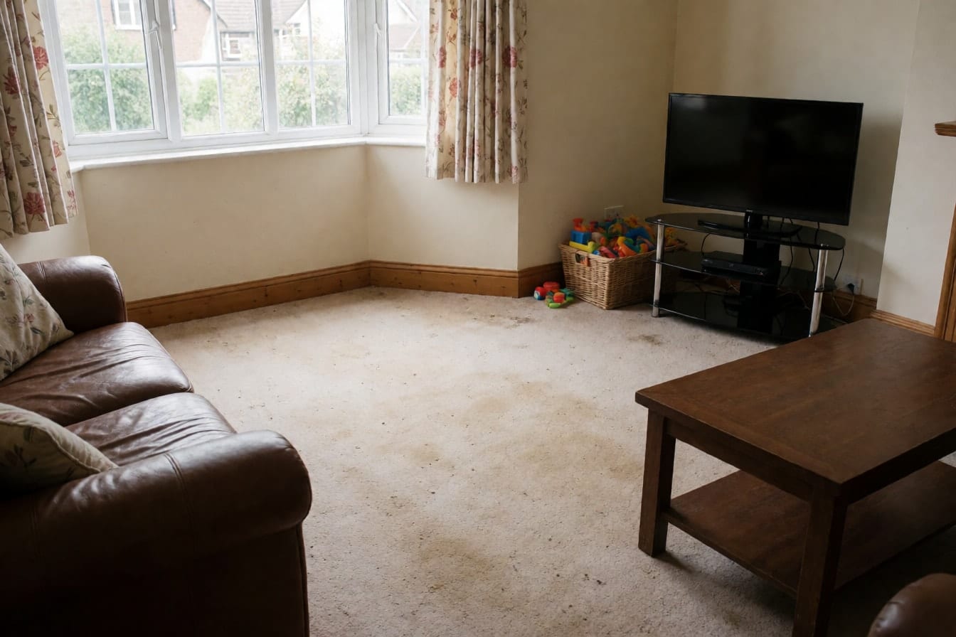Wohnzimmer mit abgenutztem beigem Teppichboden, braunem Ledersofa, dunklem Holzcouchtisch, Fernseher auf schwarzem Glasregal und geblümten Vorhängen