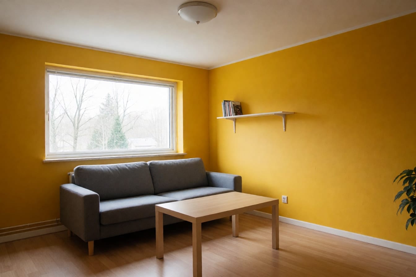 Ruang tamu sederhana dengan dinding kuning mustard, sofa abu-abu, meja kayu muda, dan rak putih