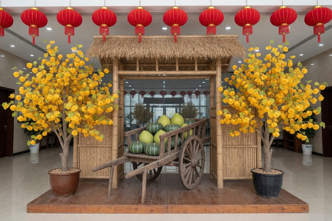 Tiểu cảnh Tết lớn trên bục gỗ ở sảnh tòa văn phòng với cổng tre lợp rơm, hai cây mai vàng, xe gỗ chở bí ngô và bưởi, hàng đèn lồng đỏ phía trên