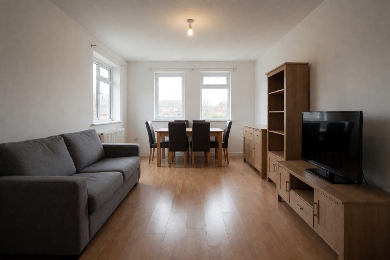 Langer Wohn- und Essraum mit allen Möbeln an den Wänden, grauem Sofa, Esstisch mit vier Stühlen am Ende und großer leerer Fläche in der Mitte