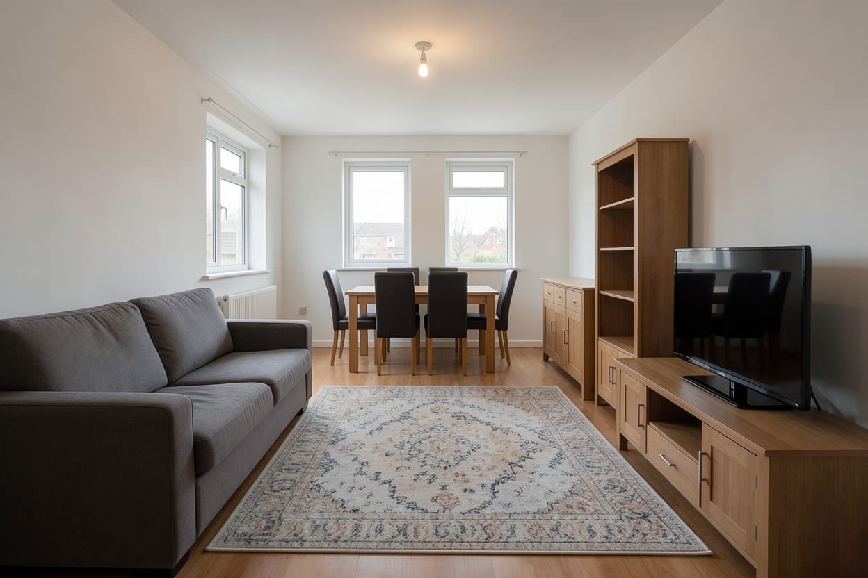Derselbe lange Raum in zwei Bereiche geteilt, mit frei stehendem Sofa auf einem Teppich als Sitzecke und dem Esstisch dahinter