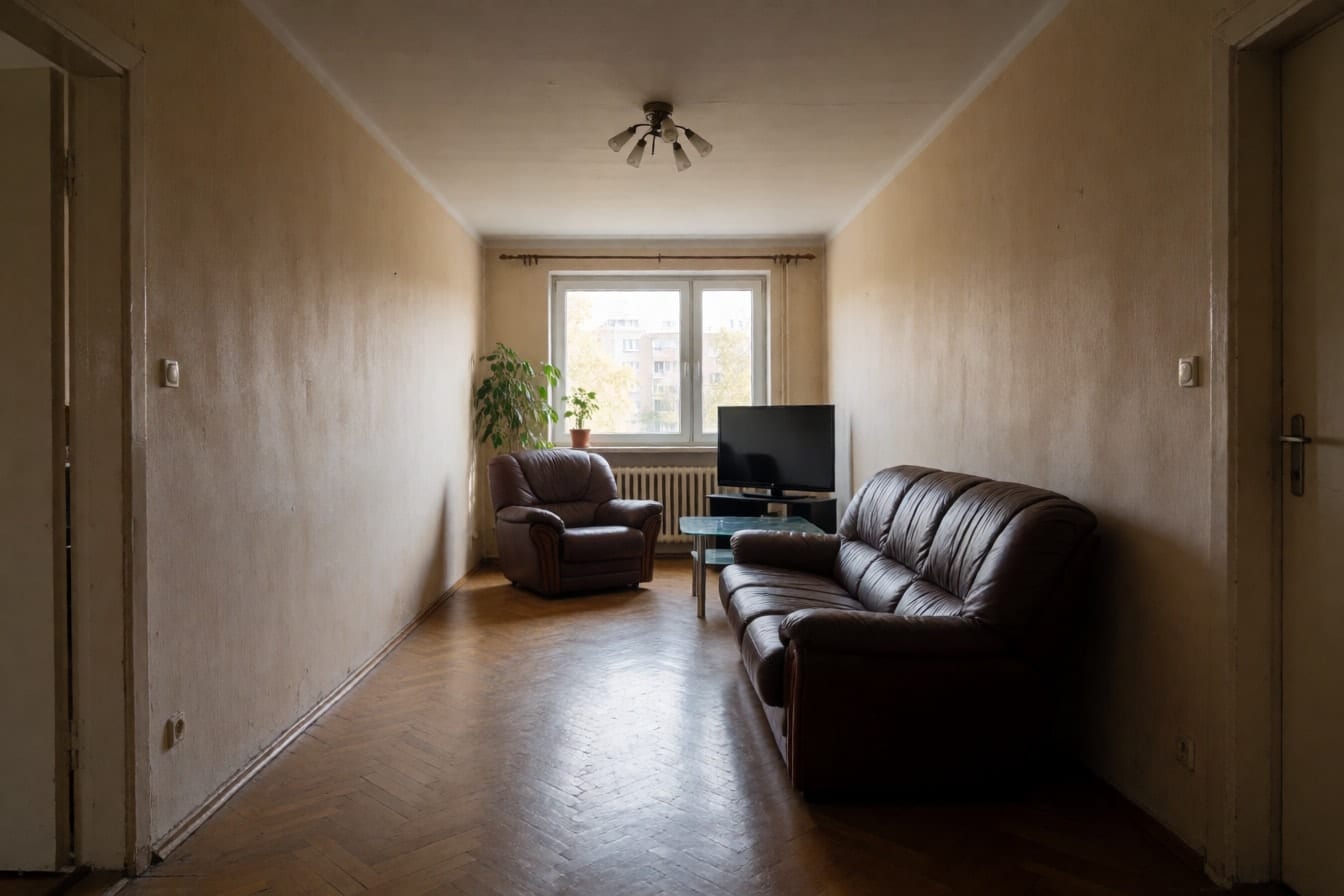 Living lung și îngust cu canapea maro de piele pusă pe diagonală, televizor în colț, măsuță de sticlă și un fotoliu în calea spre fereastră