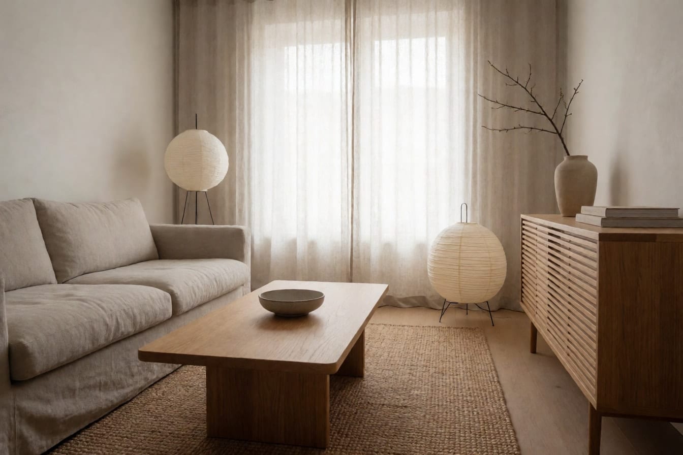 Japandi-Wohnzimmer mit niedrigem Leinensofa, flachem Eichencouchtisch, runder Papierstehleuchte, Juteteppich und Zweig in einer Tonvase
