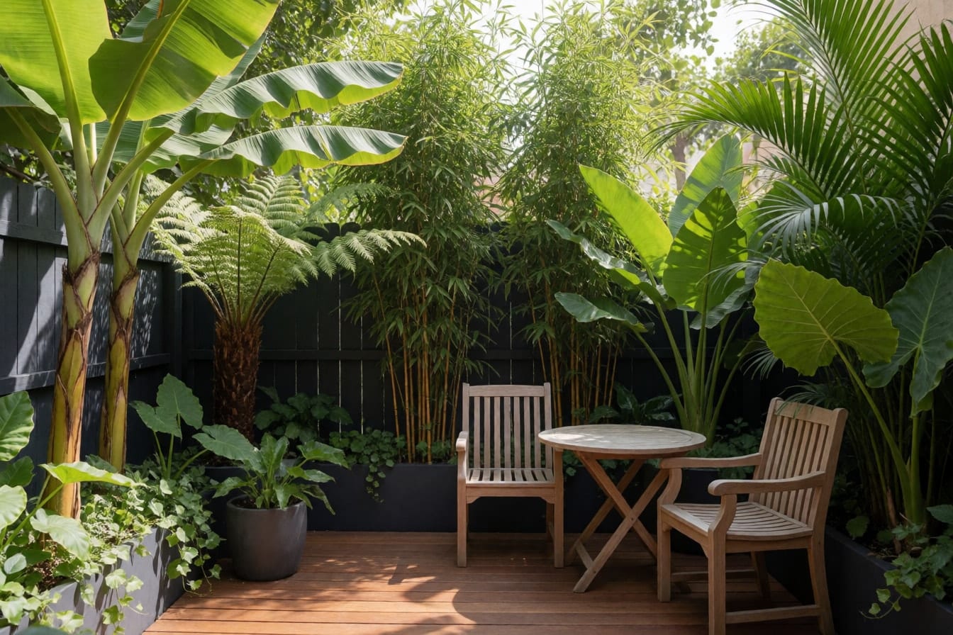 Weelderige stadstuin met bananenplanten, een boomvaren, bamboe langs een donkere schutting en grote bladplanten rond een houten vlonder met twee stoelen